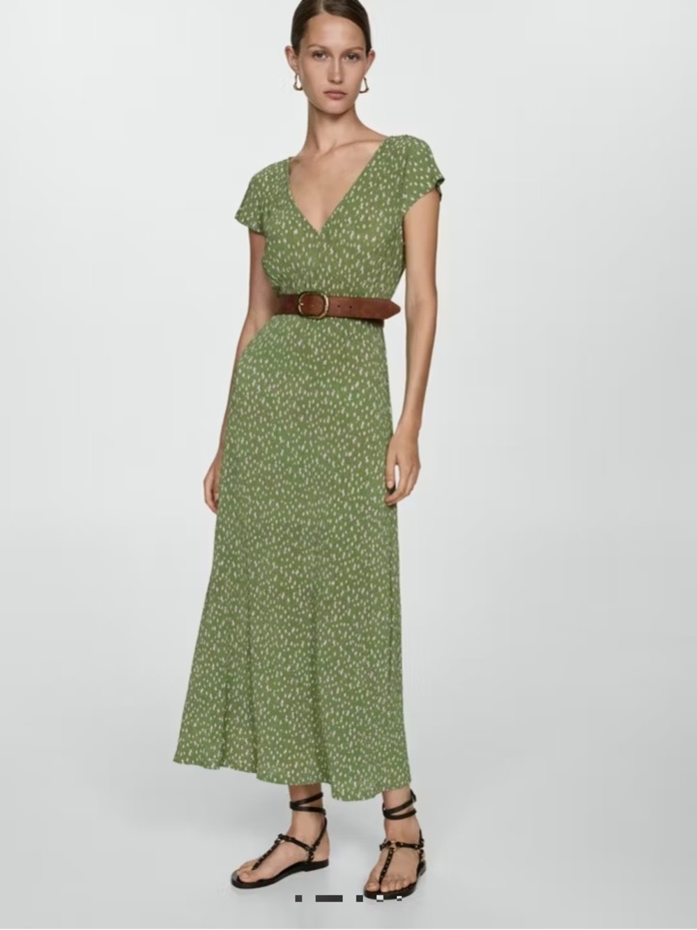 Mango Green Floral Crinkle Maxi Dress Textured Printed V-Neck Dainty Whimsical 4